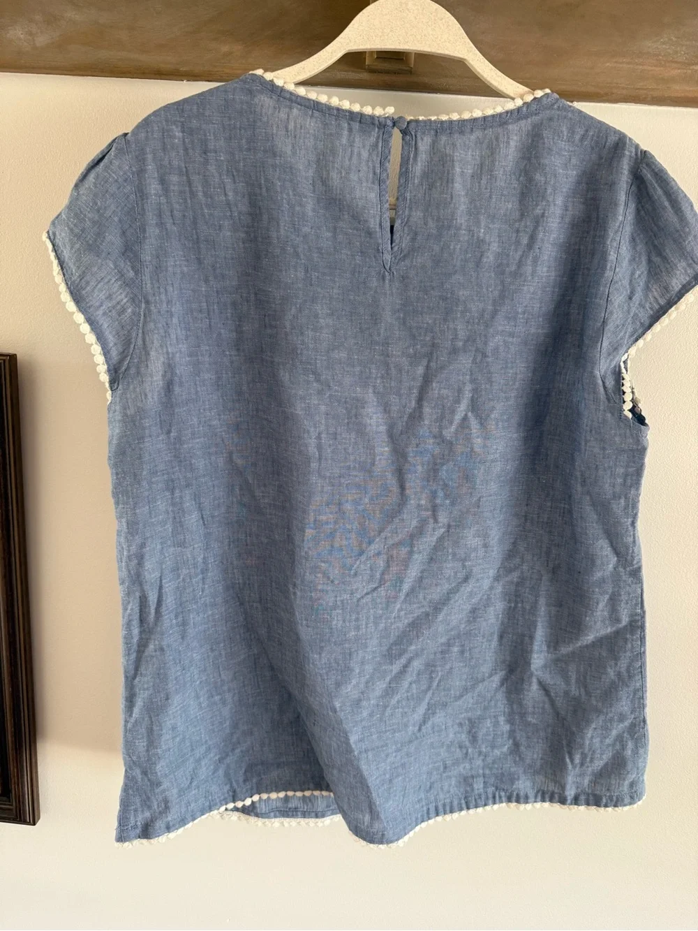 Boden Chambray Blue Cotton Top with White Pom Trim - Picture 3 of 3